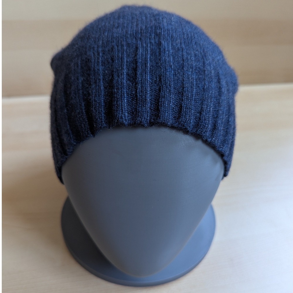 Invisible World Navy Blue 100% Cashmere Beanie Hat Ribbed Knit Gorpcore Ski Snow